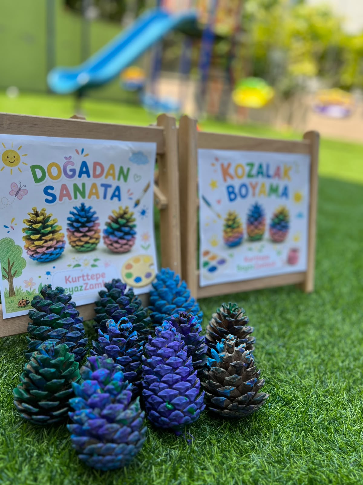 Beyaz Zambak bahçesinde boyanmış kozalaklarla doğadan sanata etkinliği